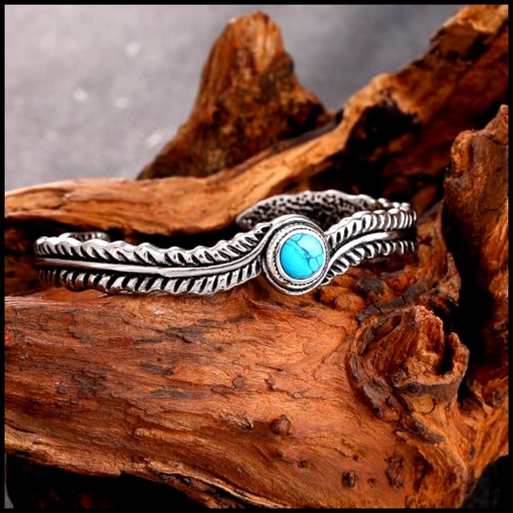Silver Turquoise Cuff Bracelet Bohemian Vintage Feather Design Stainless Steel - Picture 3 of 5